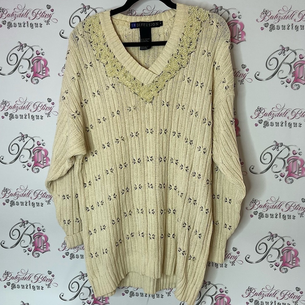 I.b diffusion sweater 1991’pearls beaded vintage Beige V-Neck Sweater cream
